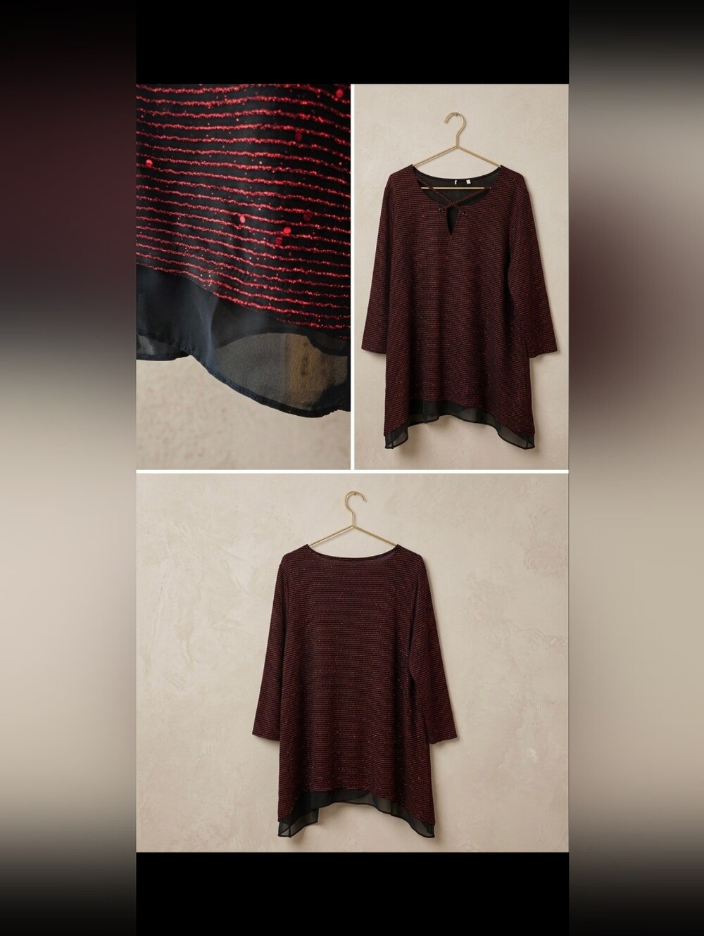 Women's Burgundy Sparkle Tunic with Sheer Hem